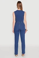 Womens Daisy Sleeveless Button Front Denim Jumpsuit, Blue,