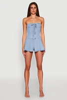 Womens Strapless Lace Up Denim Romper, Blue,
