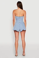 Womens Strapless Lace Up Denim Romper, Blue,
