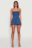 Womens Strapless Lace Up Denim Romper, Blue,