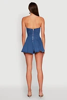 Womens Strapless Lace Up Denim Romper, Blue,