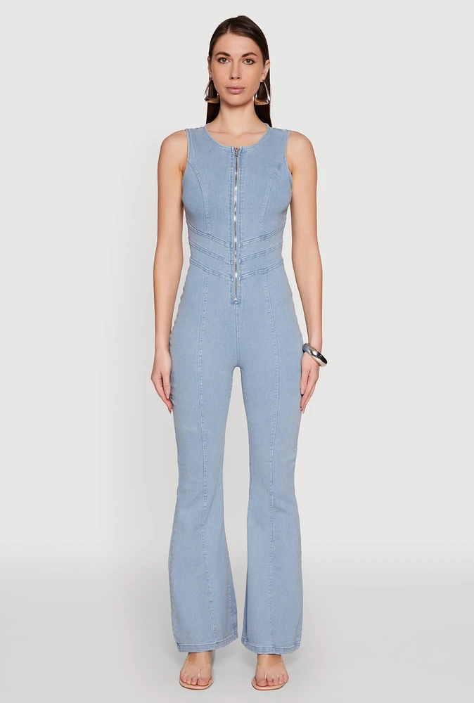 Womens Denim Zip Front Sleeveless Jumpsuit, Blue,