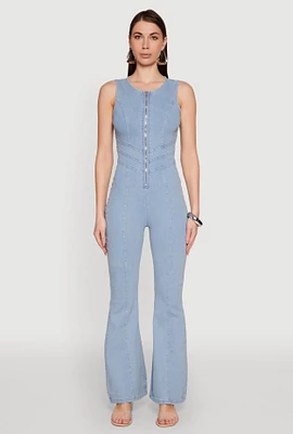Womens Denim Zip Front Sleeveless Jumpsuit, Blue,