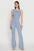 Womens Denim Zip Front Sleeveless Jumpsuit, Blue,