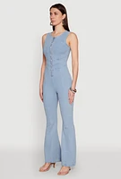 Womens Denim Zip Front Sleeveless Jumpsuit, Blue,