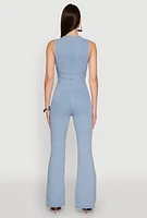 Womens Denim Zip Front Sleeveless Jumpsuit, Blue,