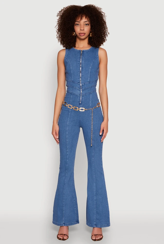 Womens Denim Zip Front Sleeveless Jumpsuit, Blue, Size L