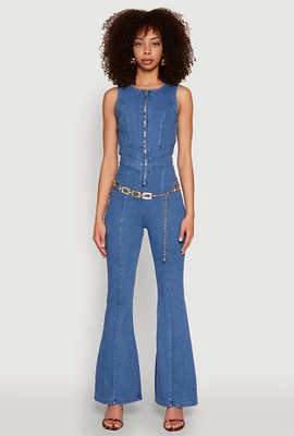 Womens Denim Zip Front Sleeveless Jumpsuit, Blue, Size L