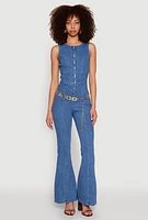Womens Denim Zip Front Sleeveless Jumpsuit, Blue, Size L