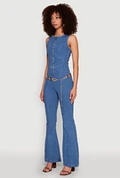Womens Denim Zip Front Sleeveless Jumpsuit, Blue, Size L