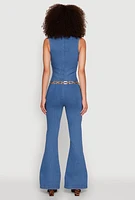 Womens Denim Zip Front Sleeveless Jumpsuit, Blue, Size L