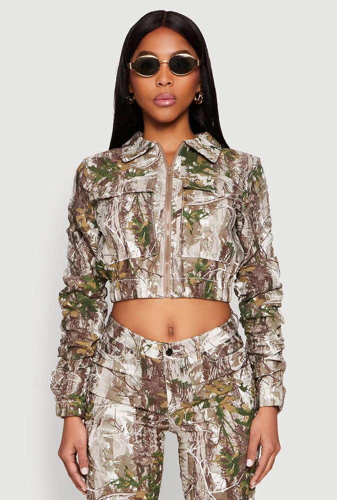 Womens Printed Hyperstretch Ruched Sleeve Cropped Jacket, Green, Size M