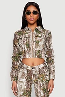 Womens Printed Hyperstretch Ruched Sleeve Cropped Jacket, Green, Size M