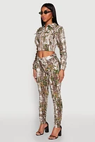 Womens Printed Hyperstretch Ruched Sleeve Cropped Jacket, Green, Size M