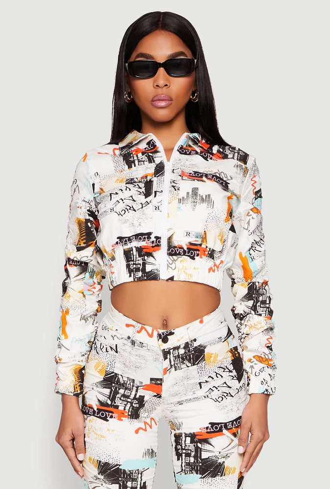 Womens Printed Hyperstretch Ruched Sleeve Cropped Jacket, Multi,