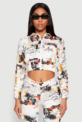 Womens Printed Hyperstretch Ruched Sleeve Cropped Jacket, Multi,