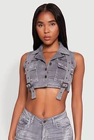 Womens Spoon Jeans Mineral Wash Denim Cargo Vest, Grey, Size L