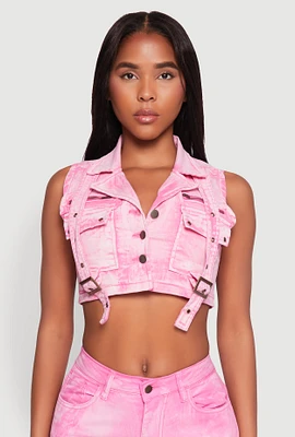 Womens Spoon Jeans Mineral Wash Denim Cargo Vest, Pink, Size M