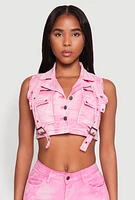 Womens Spoon Jeans Mineral Wash Denim Cargo Vest, Pink, Size M