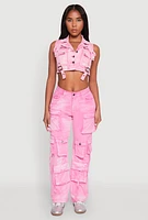 Womens Spoon Jeans Mineral Wash Denim Cargo Vest, Pink, Size M