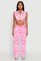 Womens Spoon Jeans Mineral Wash Denim Cargo Vest, Pink, Size M