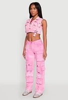 Womens Spoon Jeans Mineral Wash Denim Cargo Vest, Pink, Size S