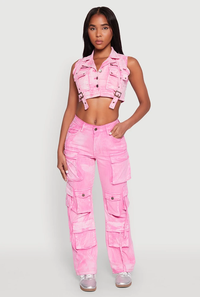 Womens Spoon Jeans Mineral Wash Cargo Pockets Jeans, Pink,