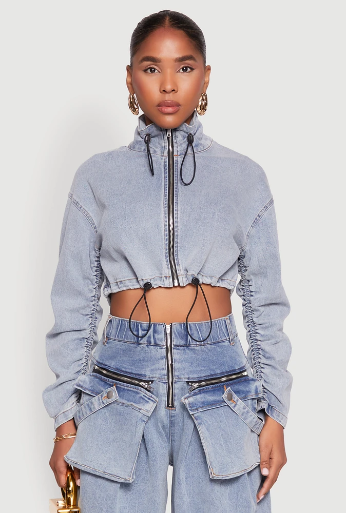 Womens Spoon Jeans Ruched Zip Front Cropped Denim Jacket, Blue, Size M