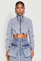 Womens Spoon Jeans Ruched Zip Front Cropped Denim Jacket, Blue, Size M
