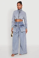 Womens Spoon Jeans Ruched Zip Front Cropped Denim Jacket, Blue, Size M