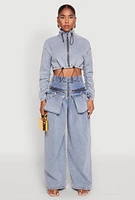Womens Spoon Jeans Ruched Zip Front Cropped Denim Jacket, Blue, Size S