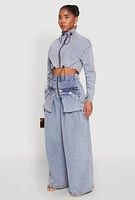 Womens Spoon Jeans Ruched Zip Front Cropped Denim Jacket, Blue, Size S