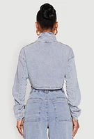 Womens Spoon Jeans Ruched Zip Front Cropped Denim Jacket, Blue, Size M