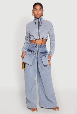 Womens Spoon Jeans Zip Front Cargo Wide Leg Jeans, Blue, Size M