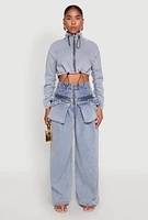 Womens Spoon Jeans Zip Front Cargo Wide Leg Jeans, Blue, Size M