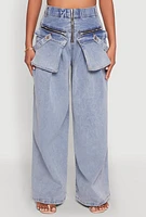 Womens Spoon Jeans Zip Front Cargo Wide Leg Jeans, Blue, Size M