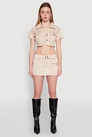 Womens Spoon Jeans Mineral Wash Belted Mini Skirt, Khaki, Size XL