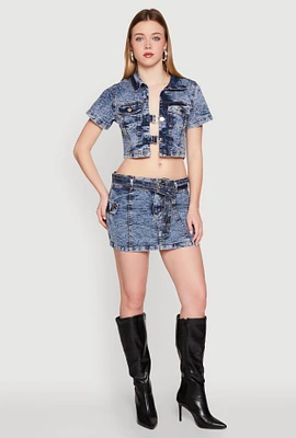 Womens Spoon Jeans Mineral Wash Belted Mini Skirt, Blue,