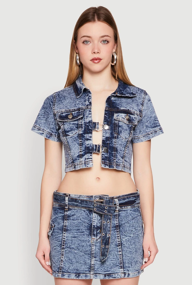 Womens Spoon Jeans Mineral Wash Short Sleeve Cropped Jacket, Blue, Size S
