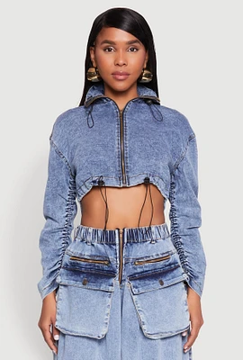 Womens Mineral Wash Zip Front Cropped Denim Jacket, Blue, Size S