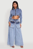 Womens Mineral Wash Zip Front Cropped Denim Jacket, Blue, Size S