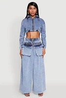 Womens Mineral Wash Zip Front Cropped Denim Jacket, Blue, Size S