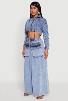 Womens Mineral Wash Zip Front Cropped Denim Jacket, Blue, Size S