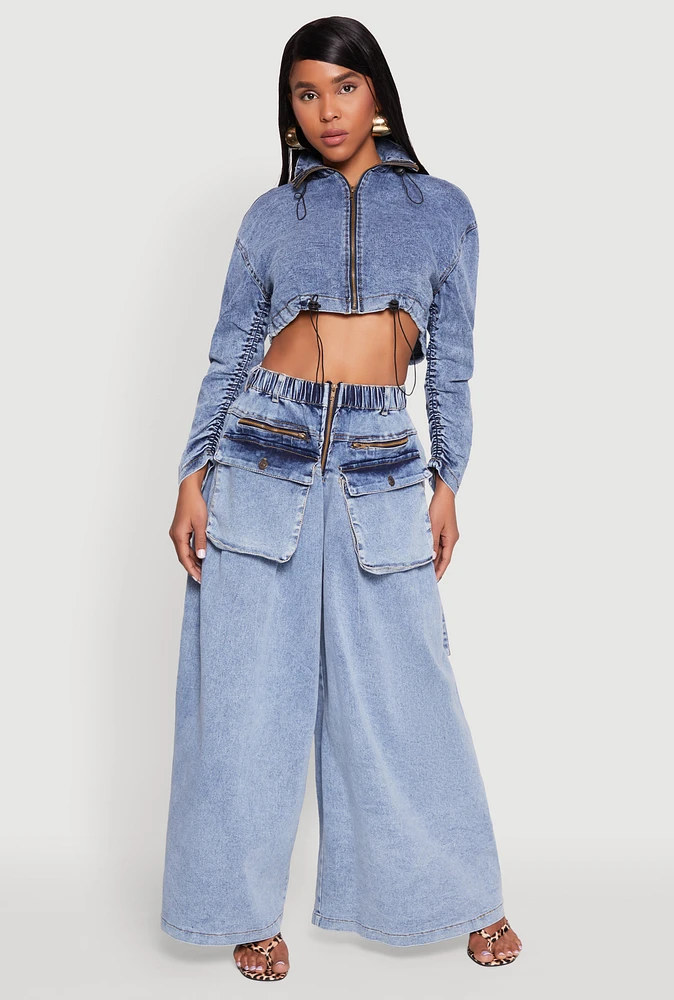 Womens Mineral Wash Cargo Pocket Baggy Jeans, Blue, Size L