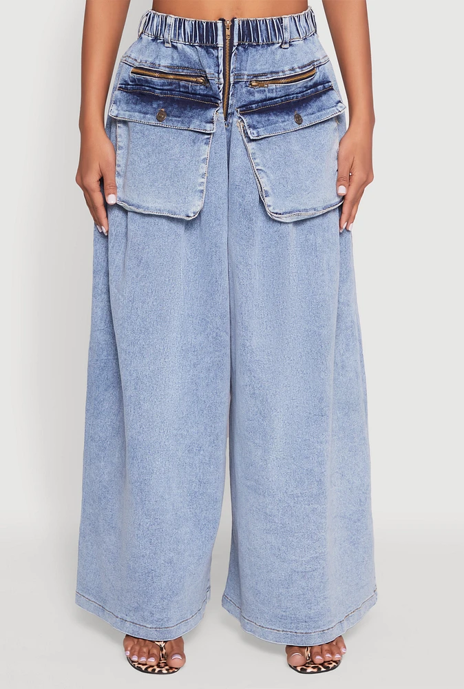 Womens Mineral Wash Cargo Pocket Baggy Jeans, Blue, Size L