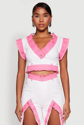 Womens Contrast Trim Denim Crop Top, Multi, Size S