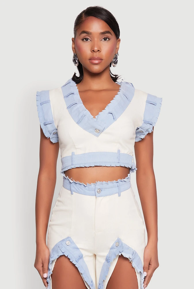 Womens Contrast Trim Denim Crop Top, Multi, Size L