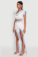 Womens Contrast Trim Denim Crop Top, Multi, Size L