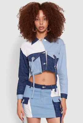Womens Color Blocked Denim Jacket, Multi, Size XL