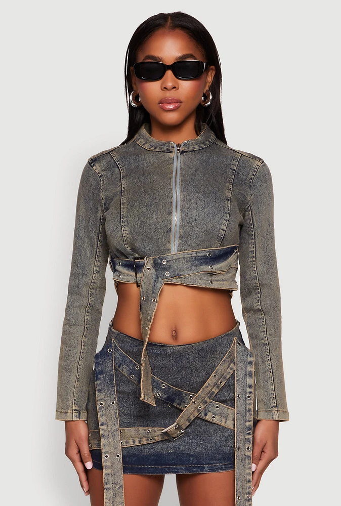 Womens Mineral Wash Buckle Strap Cropped Jean Jacket, Blue, Size S
